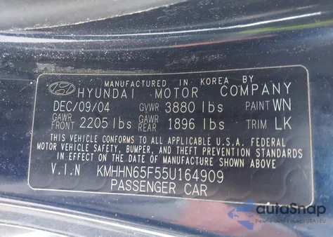 2005 Hyundai Tiburon Gt/Se z USA, uszkodzony, nr VIN KMHHN65F55U164909